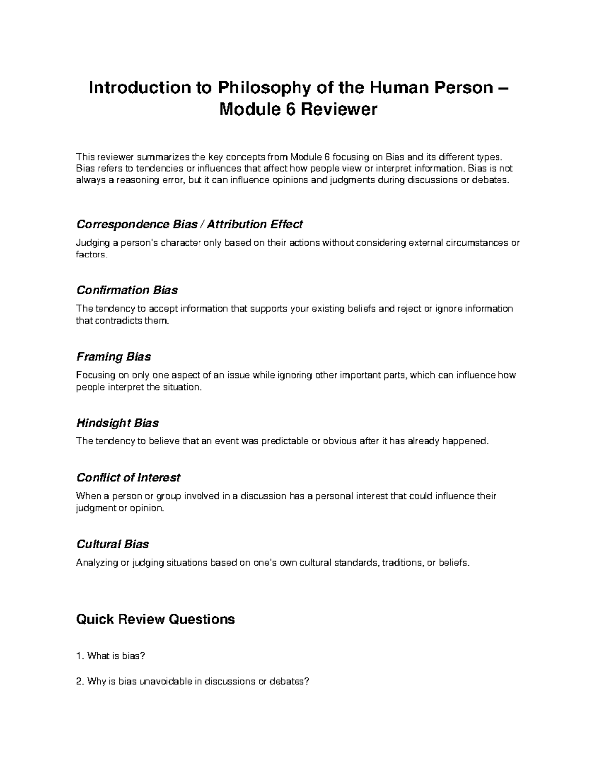 PHIL 101: Module 6 Reviewer on Bias and Its Types - Studocu