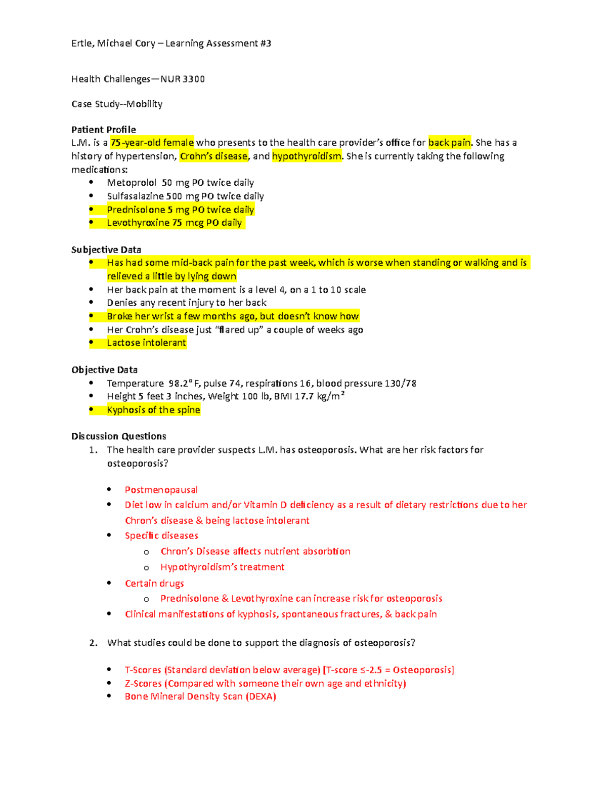 NURS 3300 - Learning Assessment #3: Mobility & Osteoporosis Case Study ...