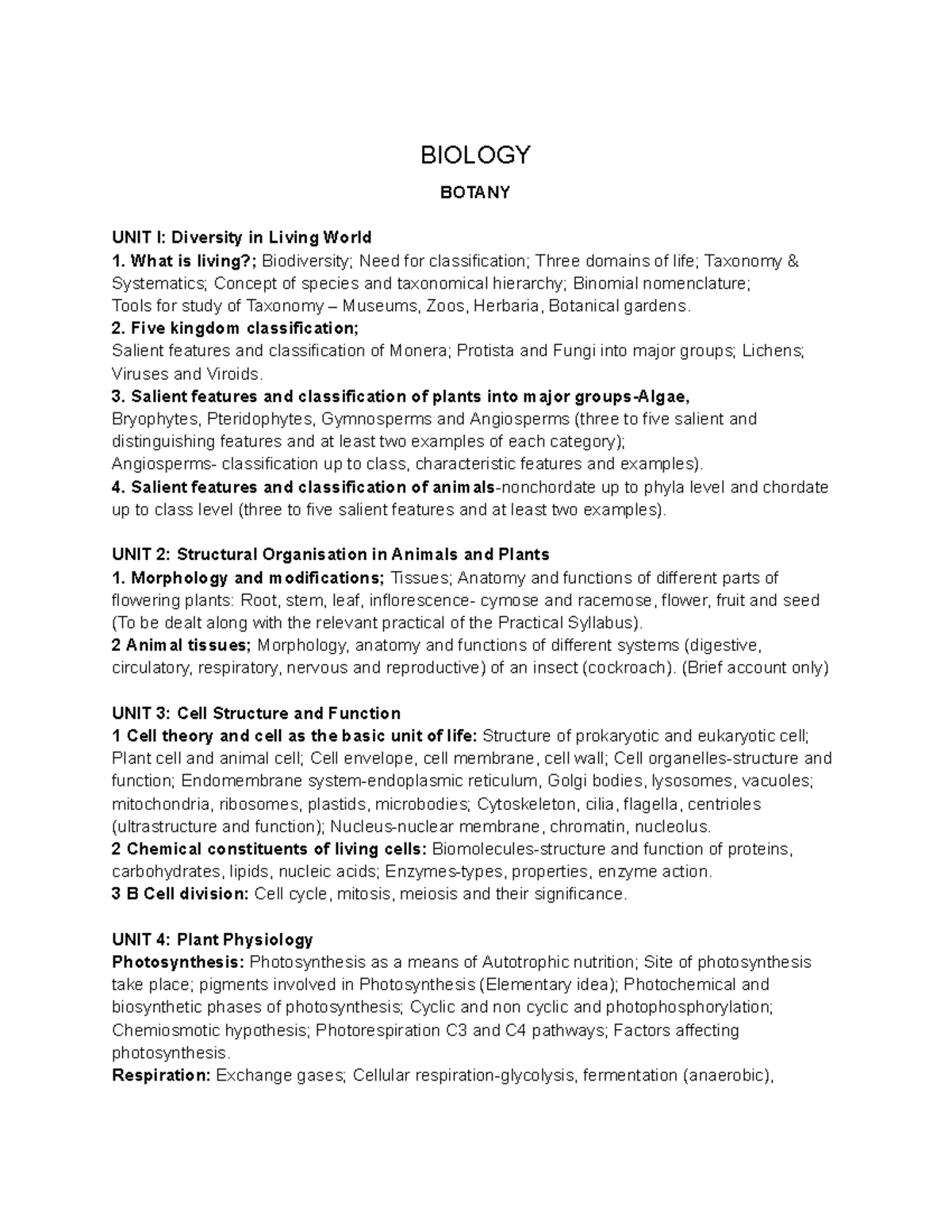 NEET Biology Syllabus 2025 - BIOLOGY BOTANY UNIT l: Diversity in Living ...