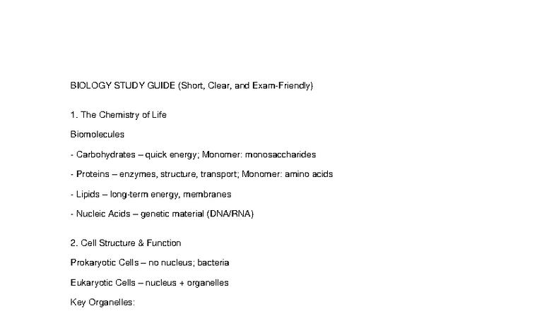 BIO 101: Comprehensive Biology Study Guide for Exams - Studocu