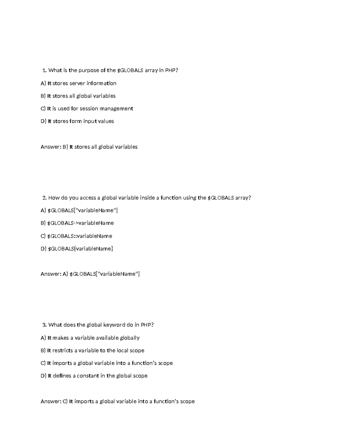 Global MCQs on PHP - Understanding Variables and $GLOBALS Array - Studocu
