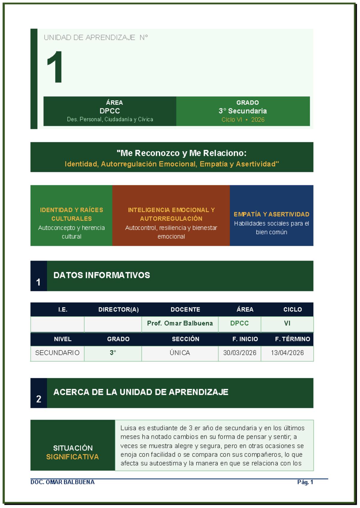 Unidad de Aprendizaje 1: Identidad y Emociones en DPCC 3° Sec 2026 ...