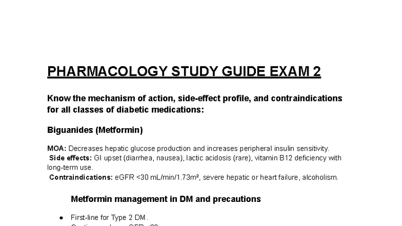 Pharm Exam 2 Study Guide: Diabetic Medications & Management - Studocu