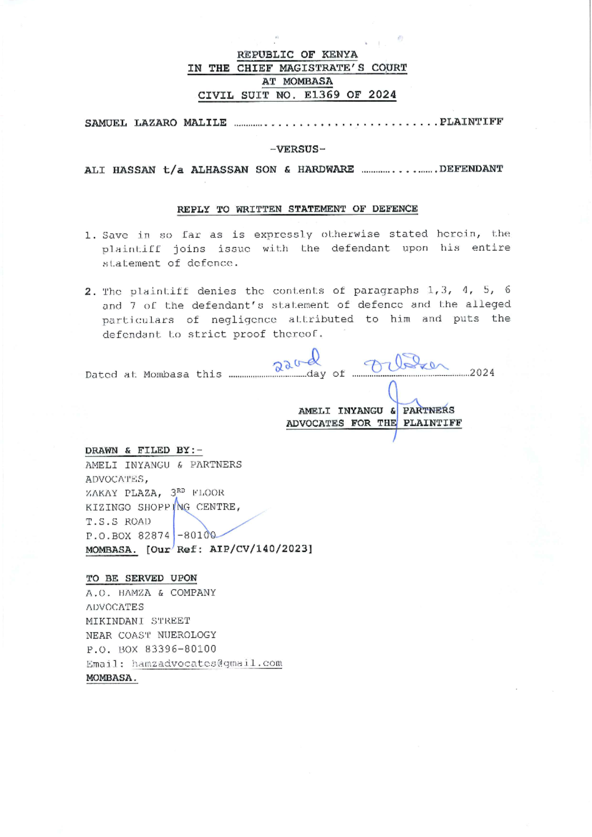 202410221154 - Civil Suit E1369/2024 Reply to Defence in Mombasa - Studocu