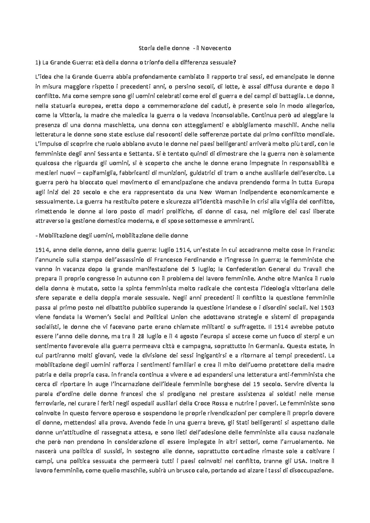 Riassunto Vol. 5: Il Novecento e il Ruolo delle Donne nella Grande ...