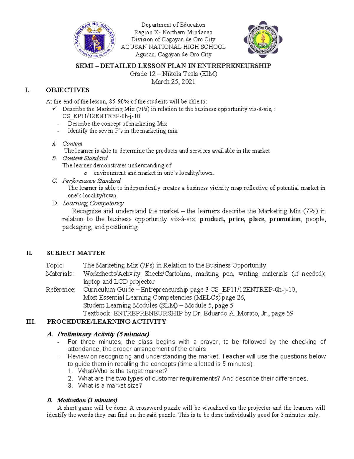 CS_EP11/12ENTREP-0h-j-10: Semi-Detailed Lesson Plan on Marketing Mix ...