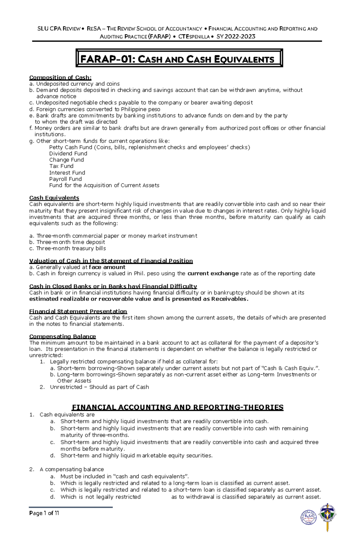 FARAP-01: Cash & Cash Equivalents Overview and Key Concepts - Studocu