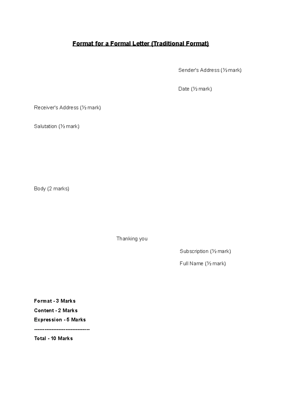 Informal Letter Writing Format Guide for 10 Marks Assessment - Studocu
