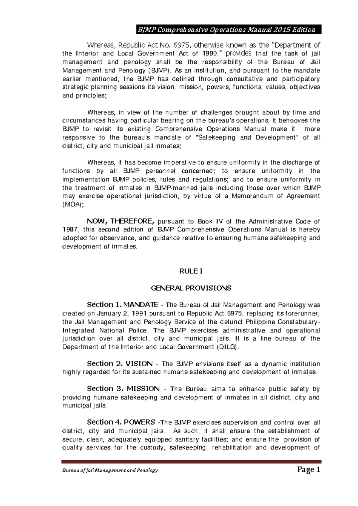 BJMP Comprehensive Operations Manual: Revised Edition 2015 Guidelines ...