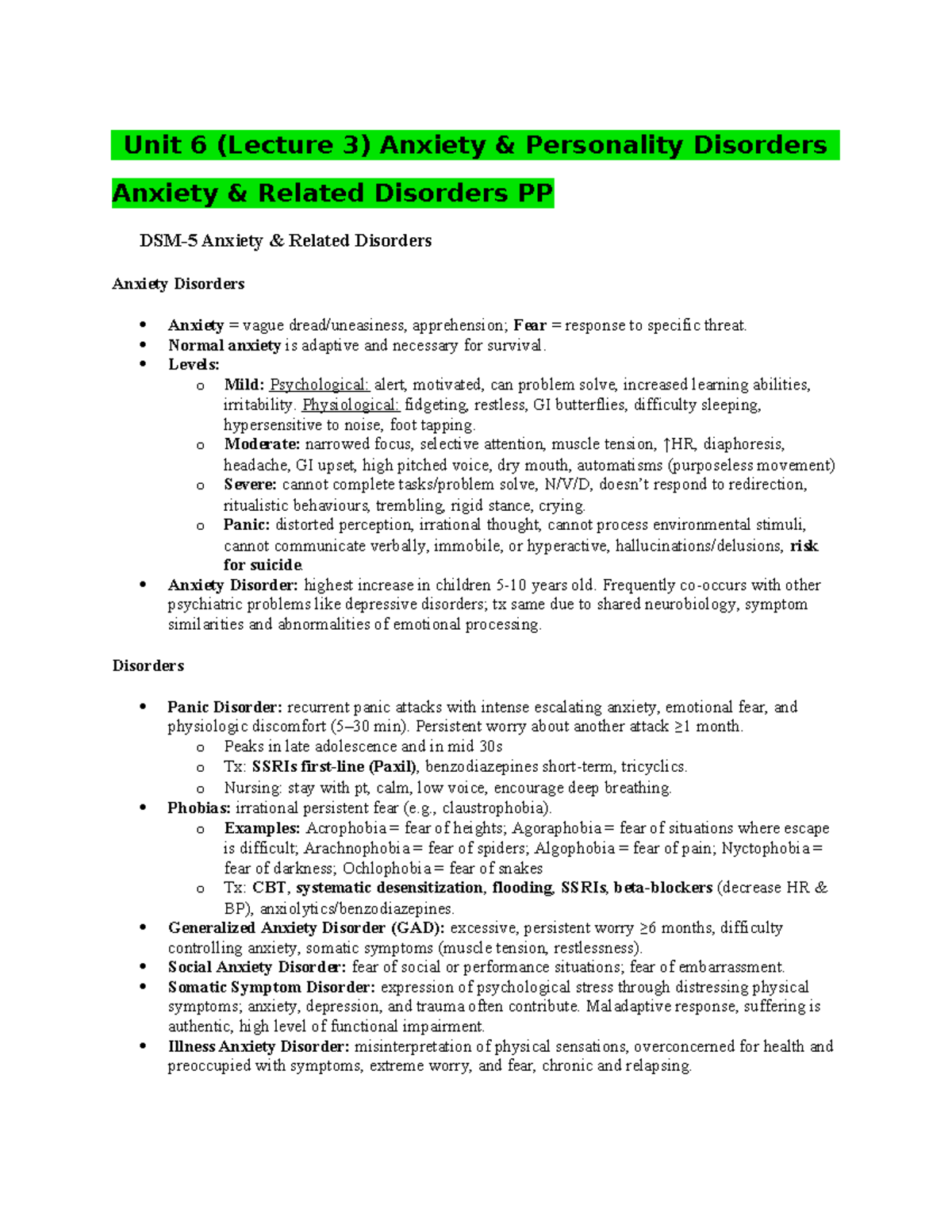 CNUR 304 Final Exam Notes: Anxiety & Personality Disorders Overview ...