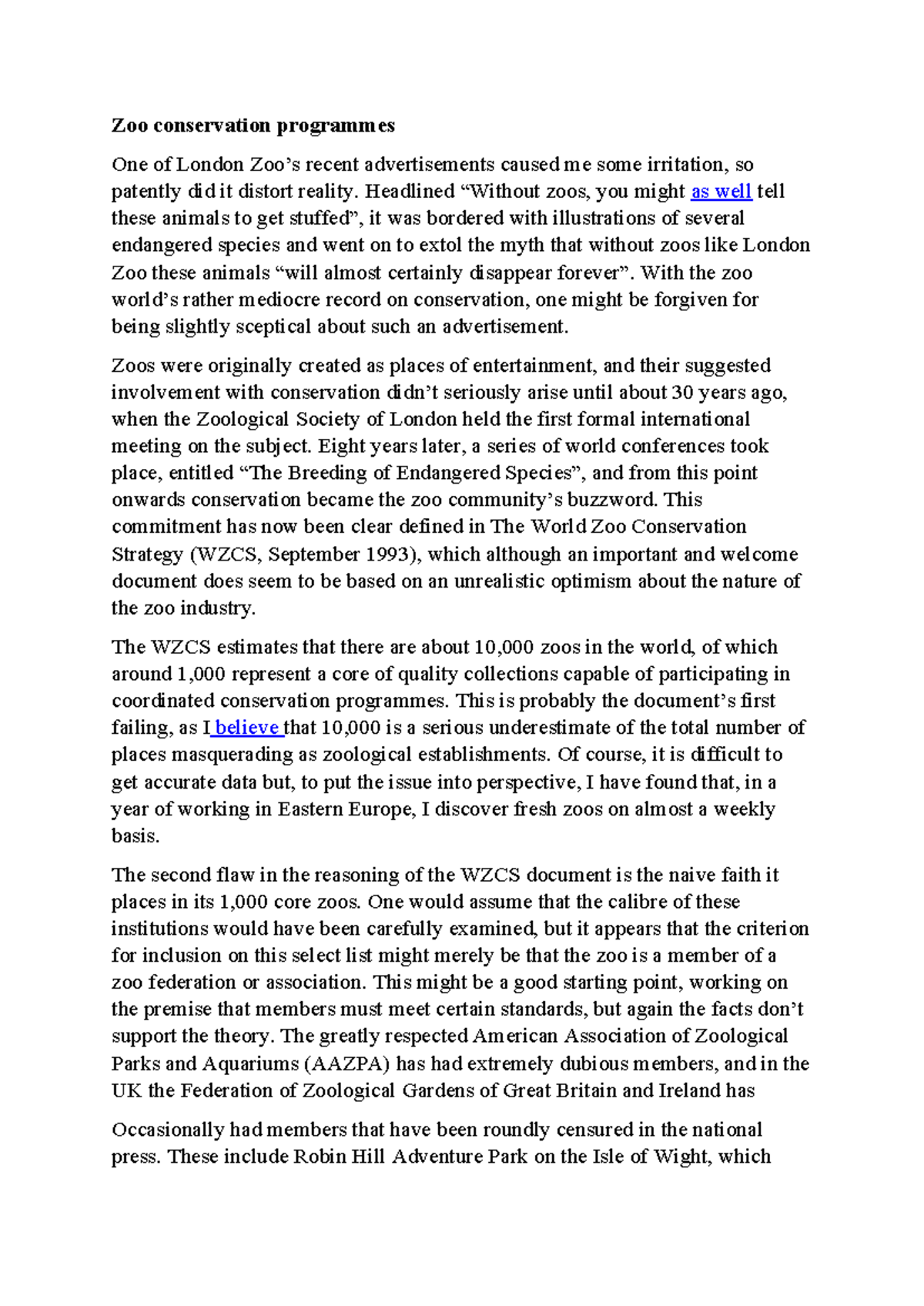 Zoo Conservation Programmes: A Critical Analysis of Effectiveness and ...