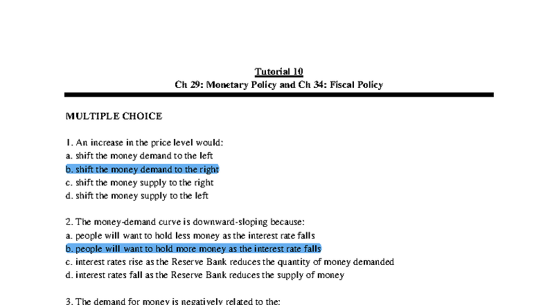 Tutorial 10: Ch 29 & 34 - Monetary & Fiscal Policy MCQs and Answers ...