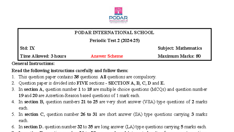 PODAR INTERNATIONAL SCHOOL IX Math Periodic Test 2 Answer Scheme - Studocu