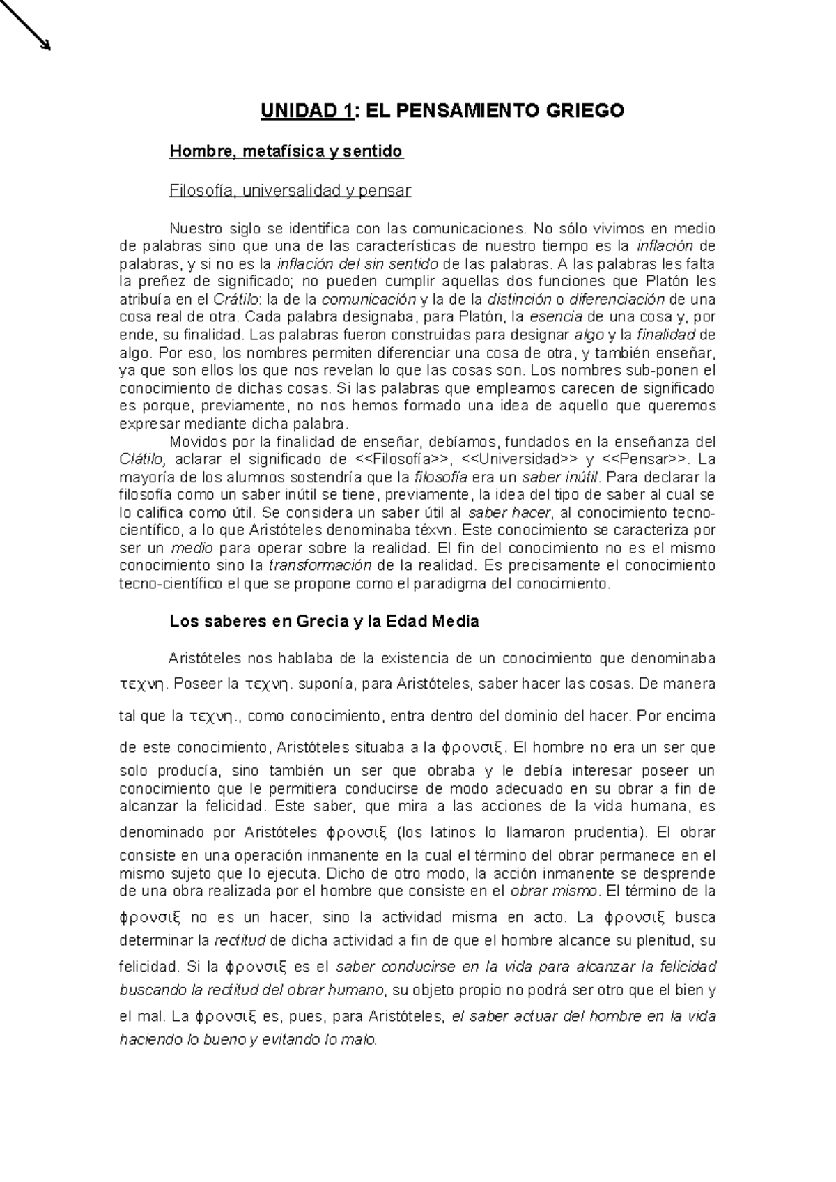 Resumen de la Unidad 1: El Pensamiento Griego - Filosofía y Metafísica ...