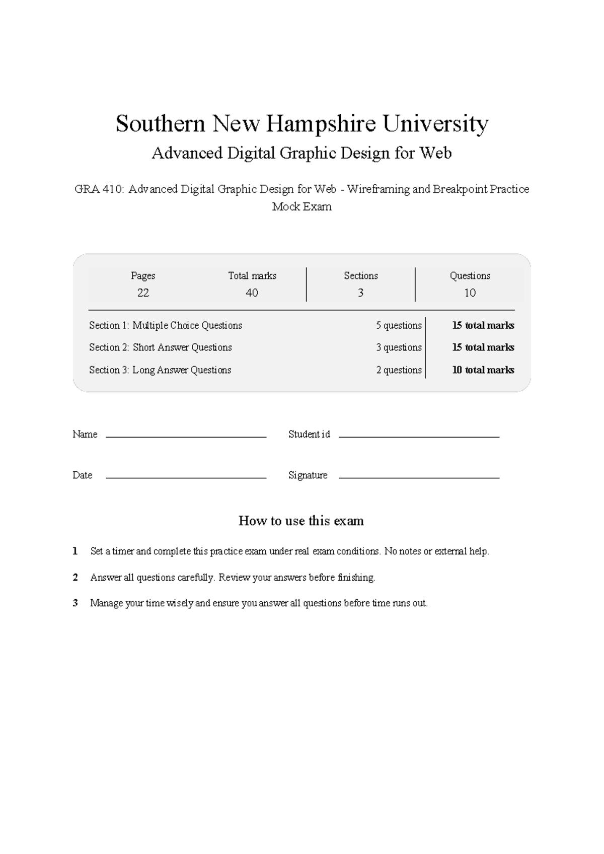 GRA 410: Advanced Digital Graphic Design for Web Wireframing Mock Exam ...