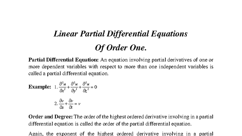 Linear Partial Differential Equations of Order One (613035796) - Studocu