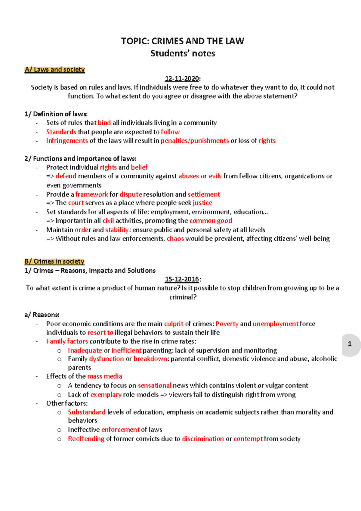 6-Crimes - all is the same - TOPIC: CRIMES AND THE LAW Students’ notes ...
