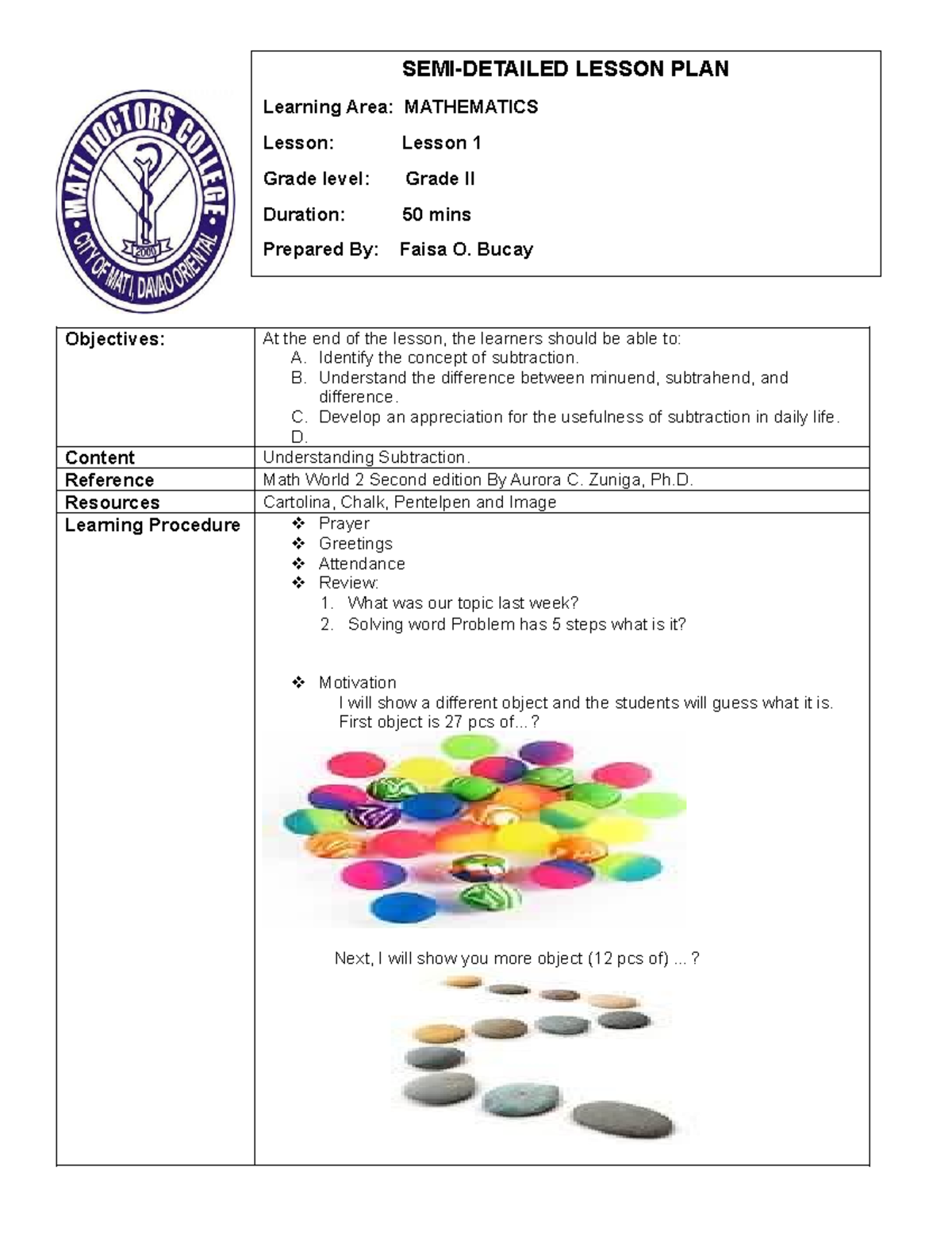 LP IN MATH GRADE II: LESSON PLAN ON SUBTRACTION CONCEPTS - Studocu