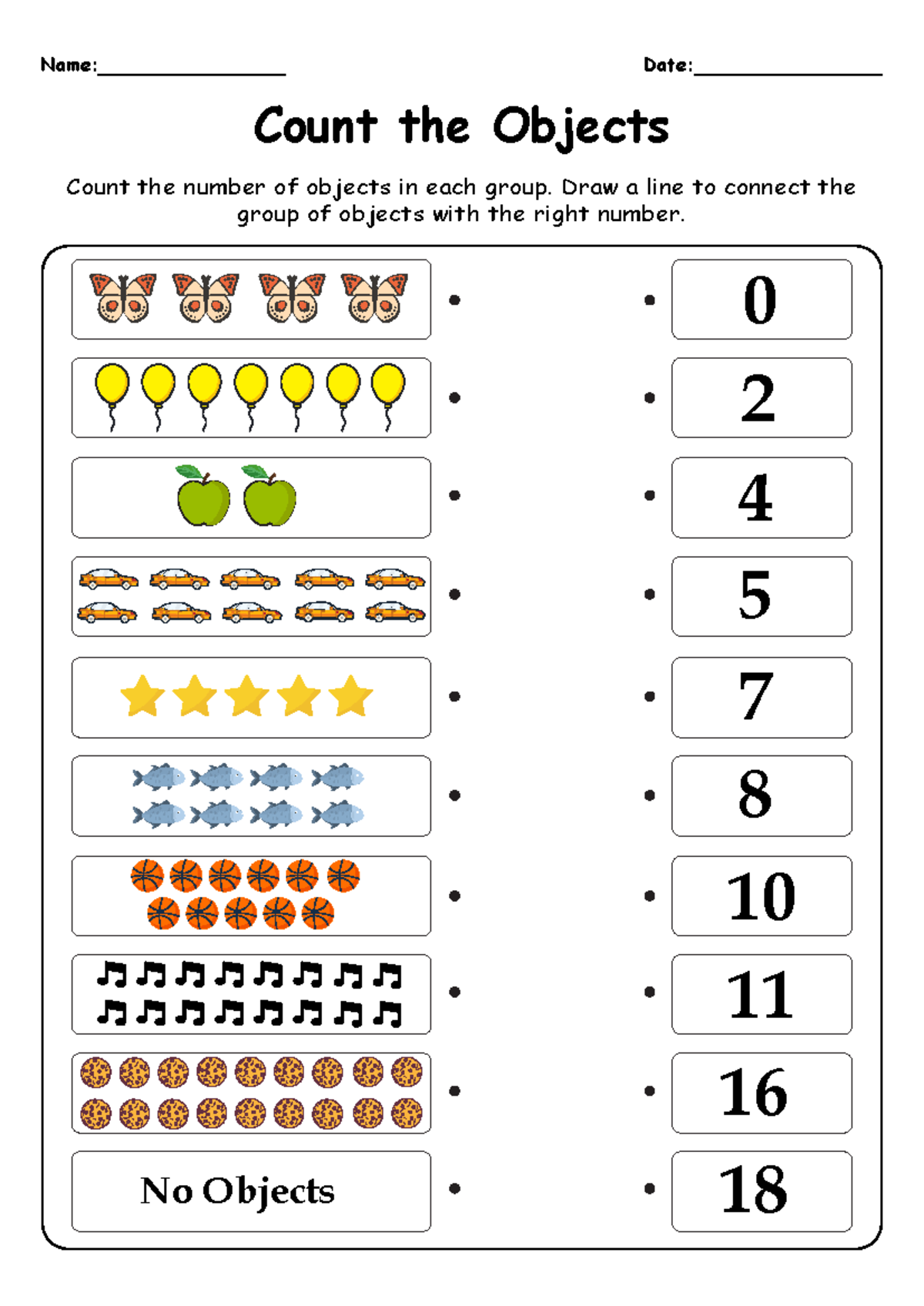 Counting Objects and Matching Numbers - Kindergarten Worksheet - 0 2 4 ...