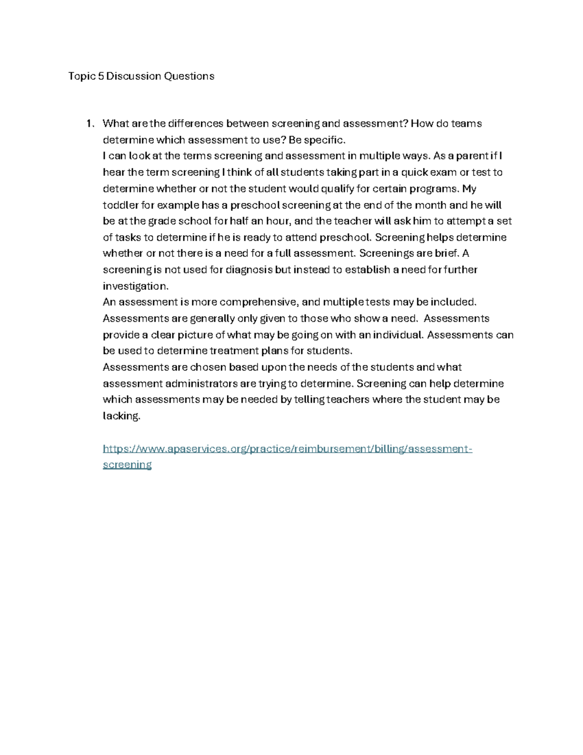 SPD-330 Topic 5: Differences Between Screening and Assessment - Studocu