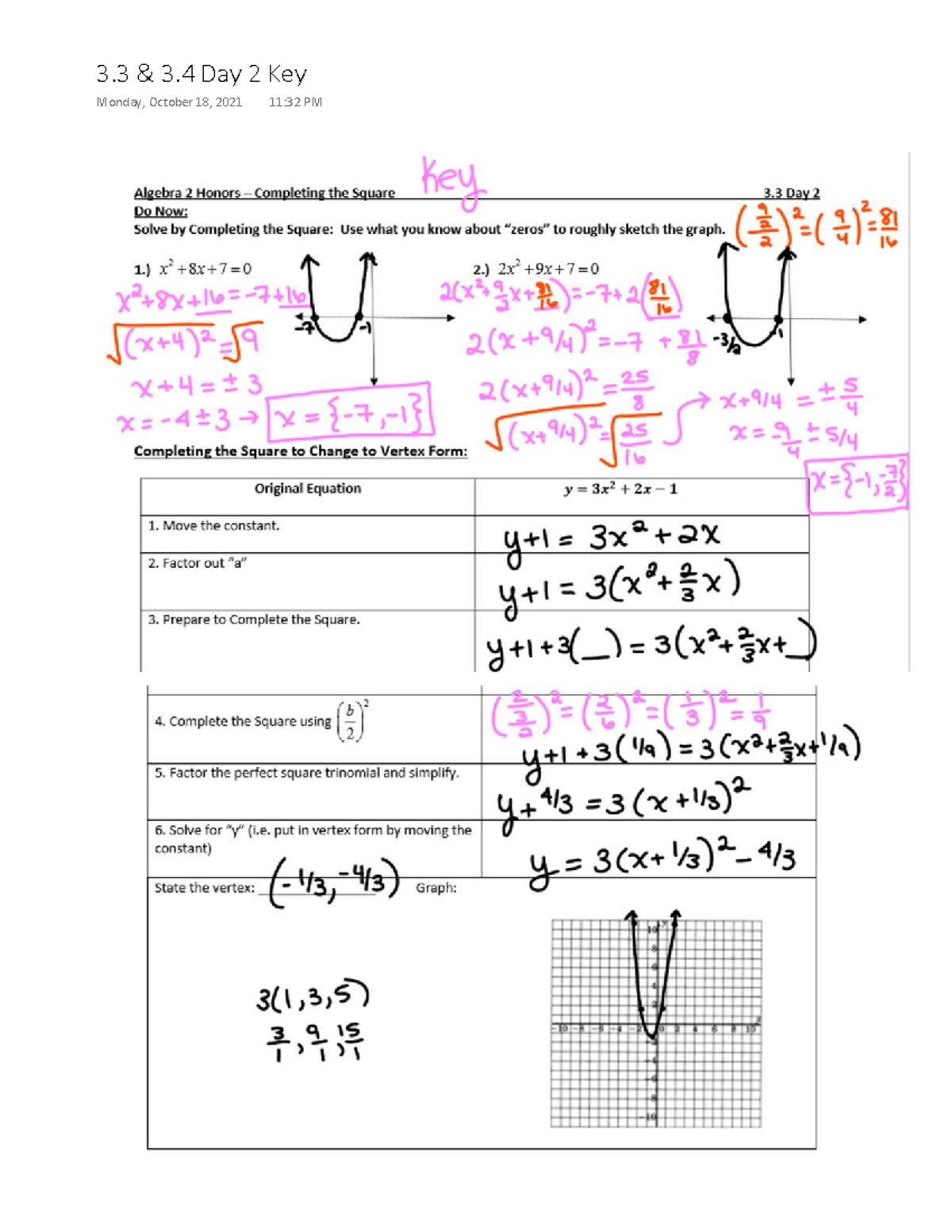 Algebra 2 Honors: Completing the Square Solutions (3.3, 3.4) - Studocu