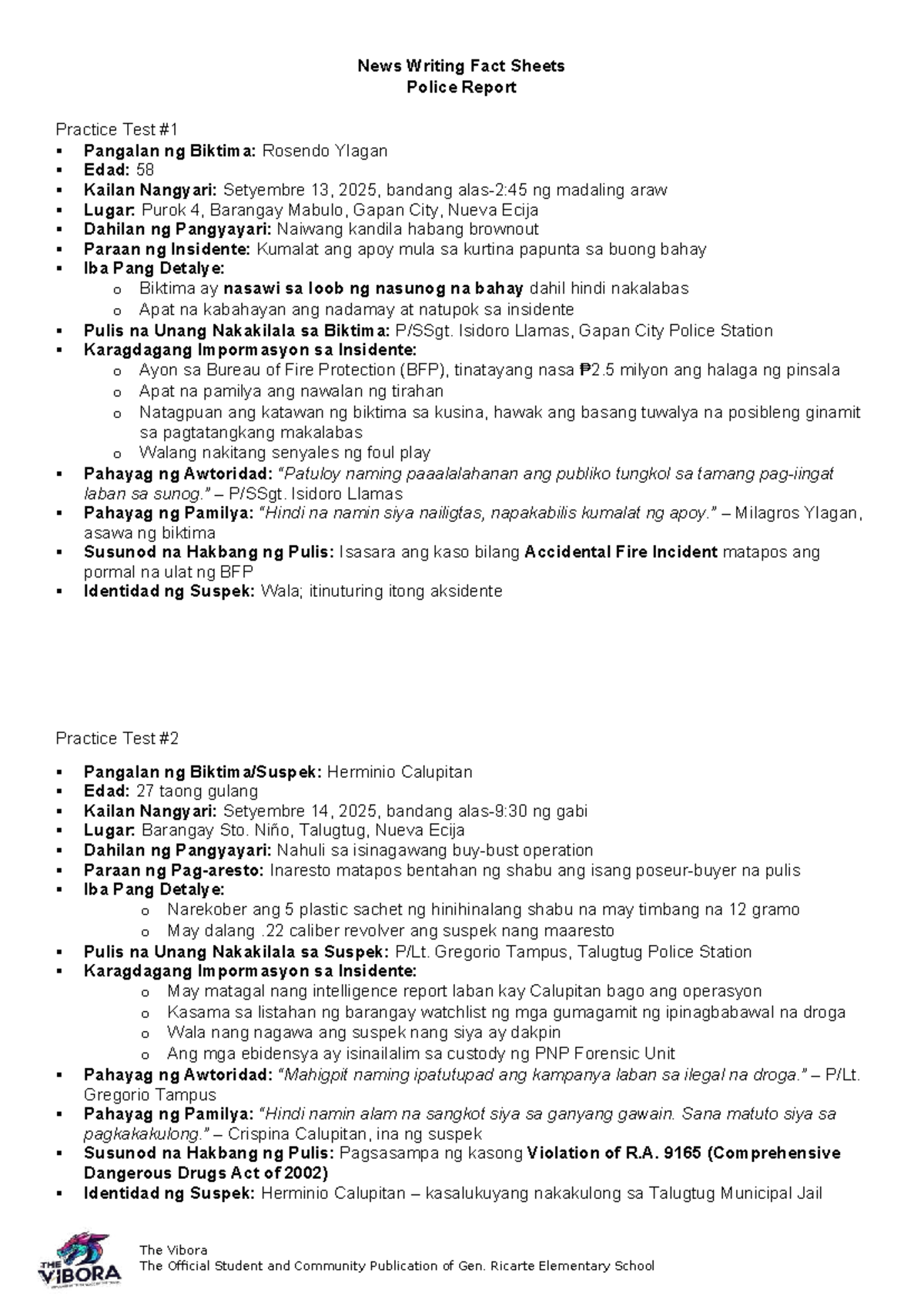 News Writing Practice Test: Police Reports and Incident Details - Studocu