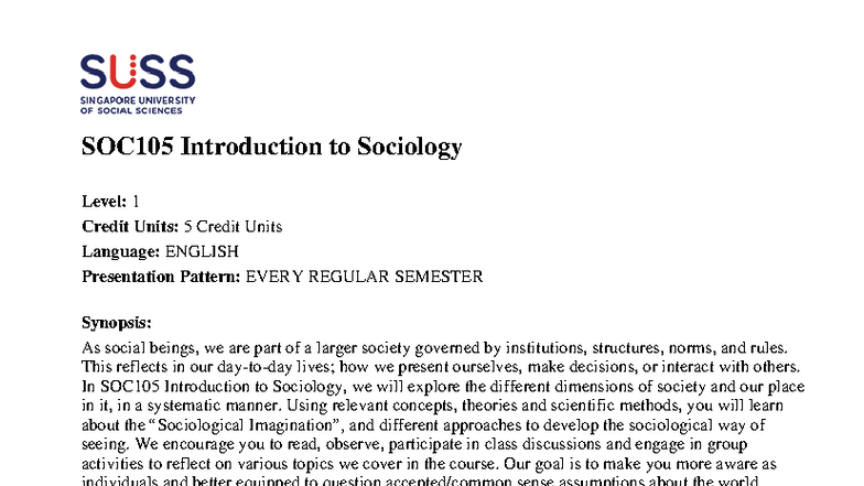 SOC105 Introduction to Sociology: Course Overview and Topics - Studocu