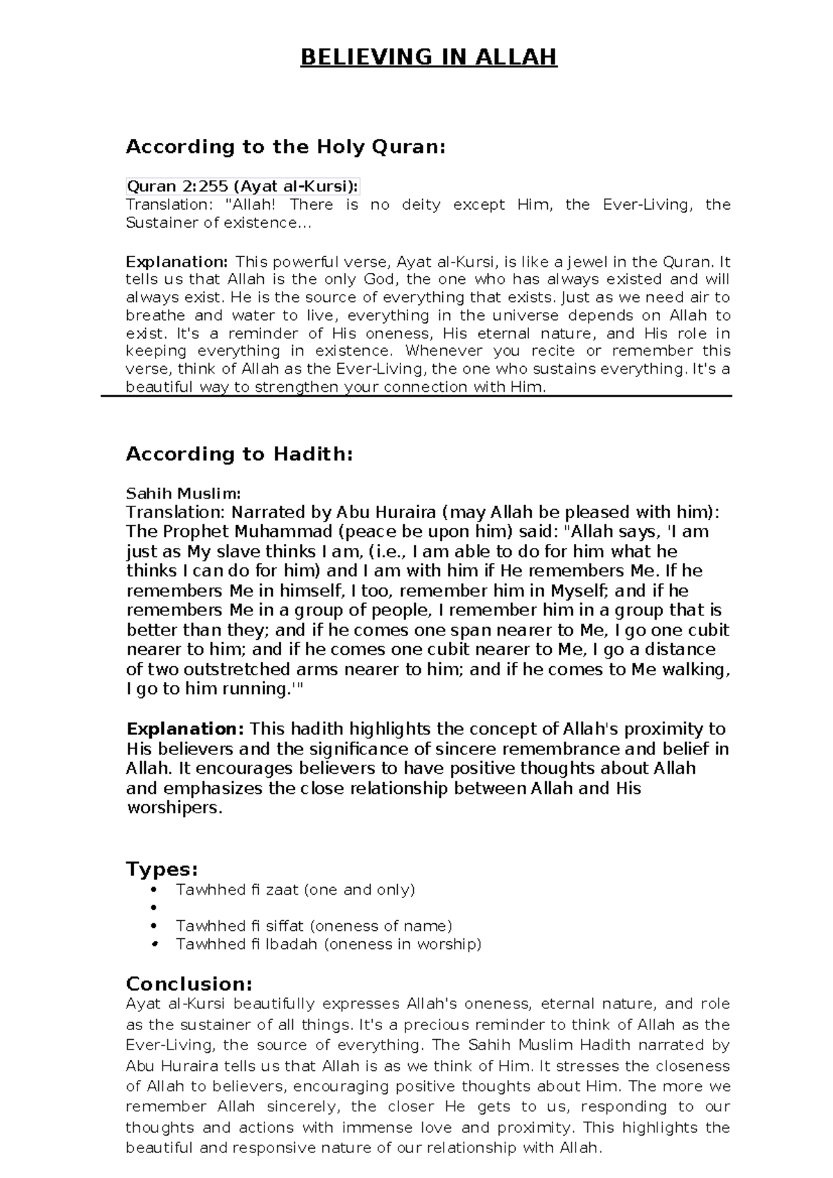 Believing in Allah - islamic studies notes 2023F - BELIEVING IN ALLAH ...