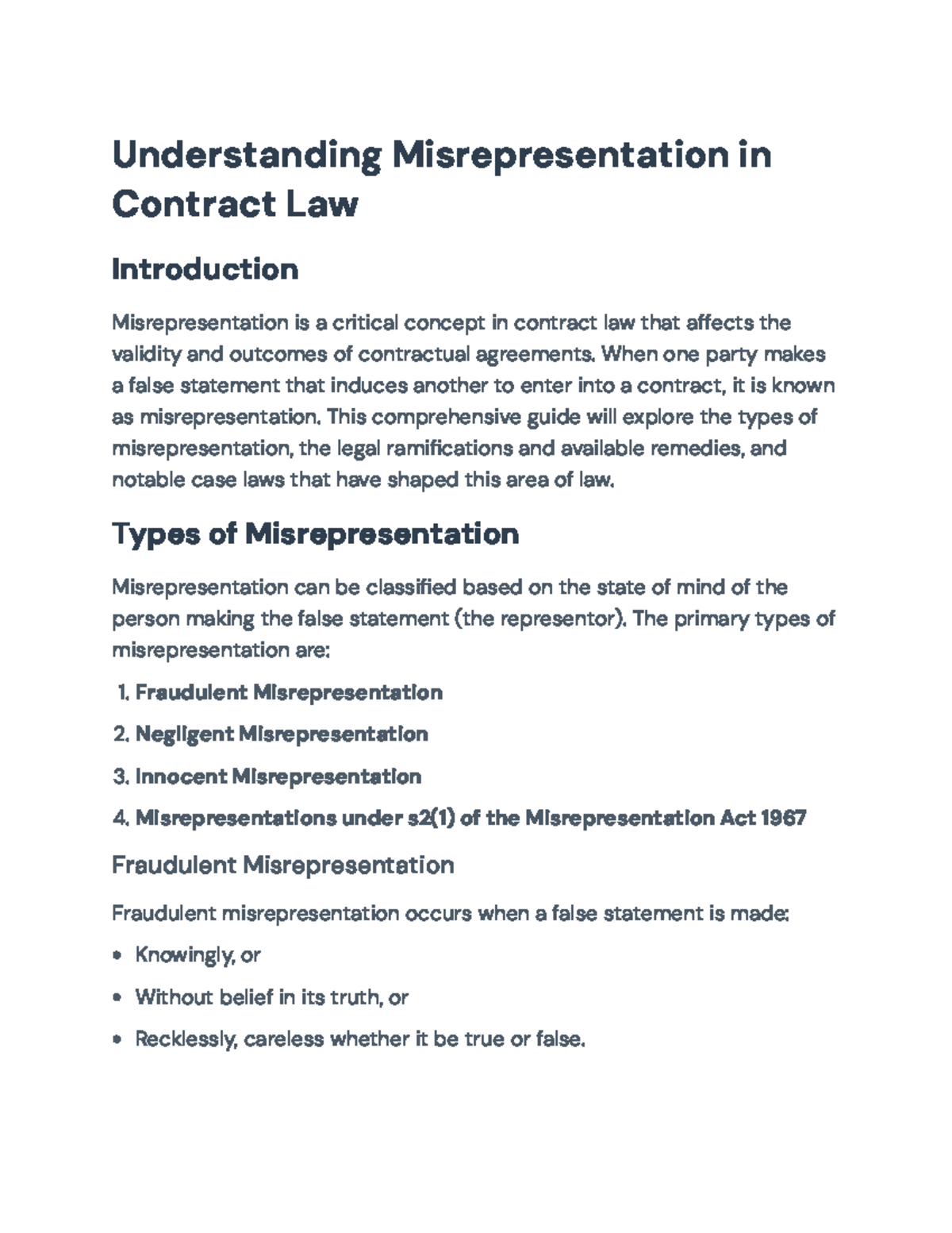 Understanding Misrepresentation in Contract Law: Types and Remedies ...