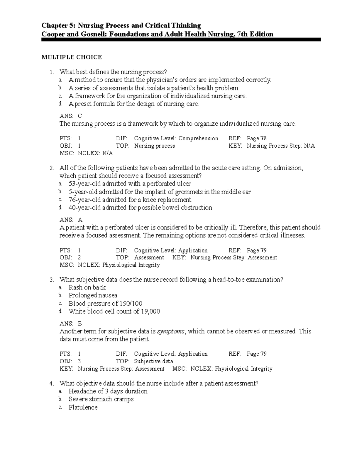 NURS 205: Ch 5 - Nursing Process & Critical Thinking Quiz Notes - Studocu