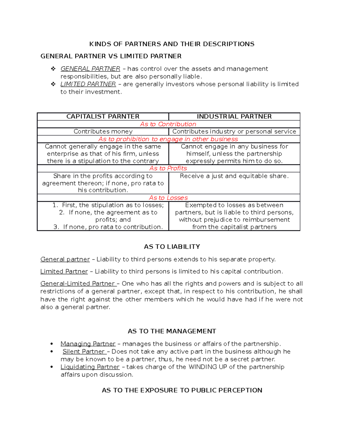 Partnership Types and Roles - KINDS OF PARTNERS Explained - Studocu