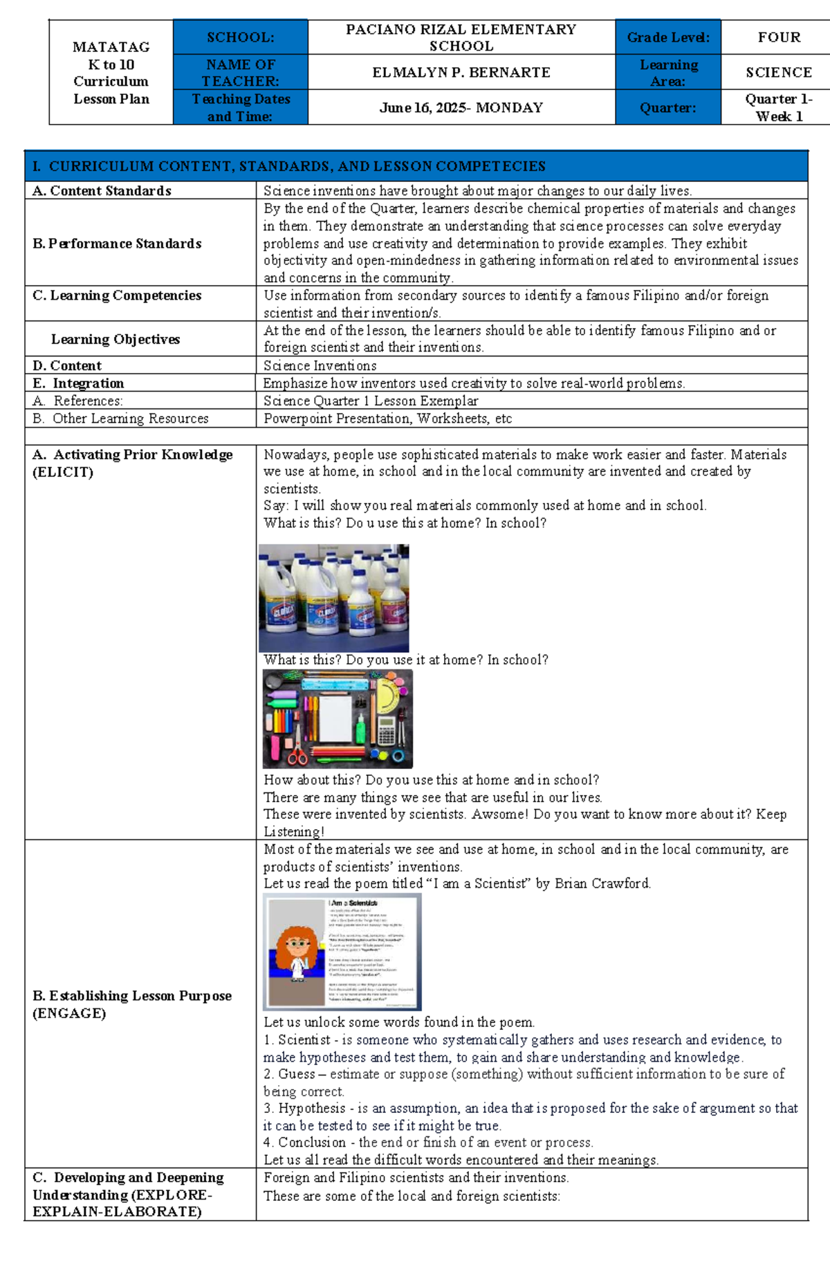 MATATAG K to 10 Curriculum Lesson Plan: Science Grade 4 Q1 Week 1 - Studocu