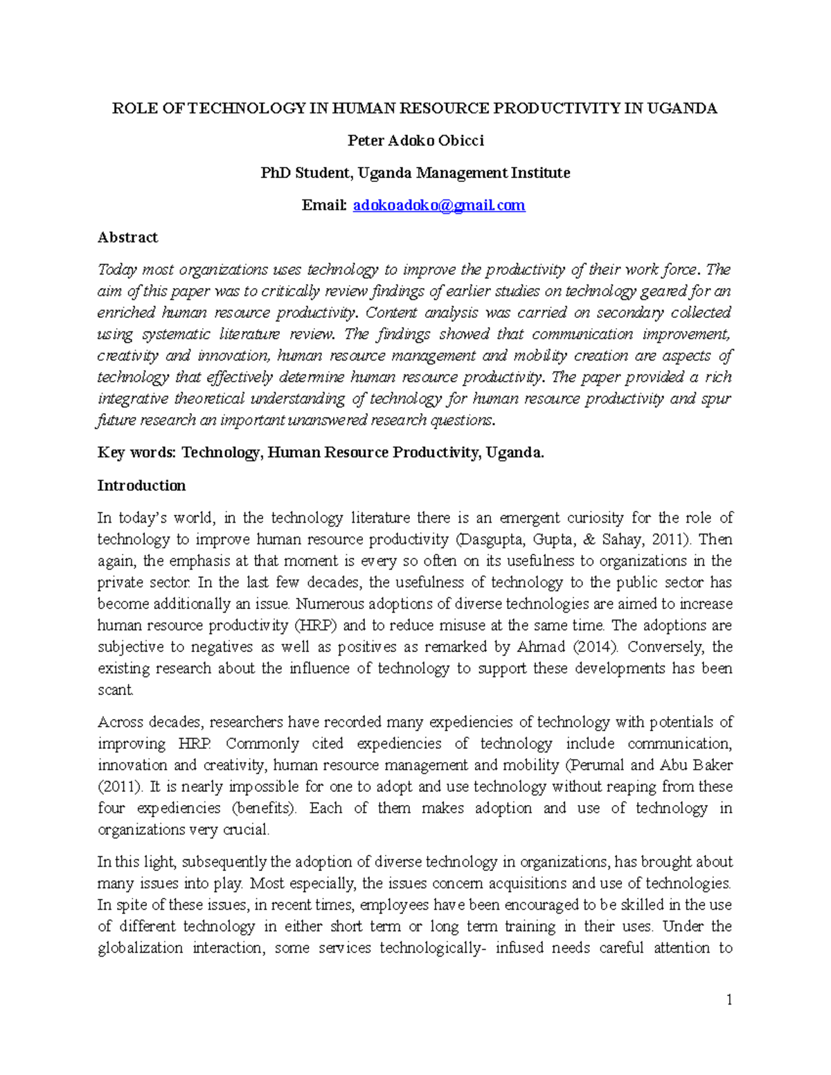 Role of Technology in Human Resource Productivity in Uganda - ROLE OF ...