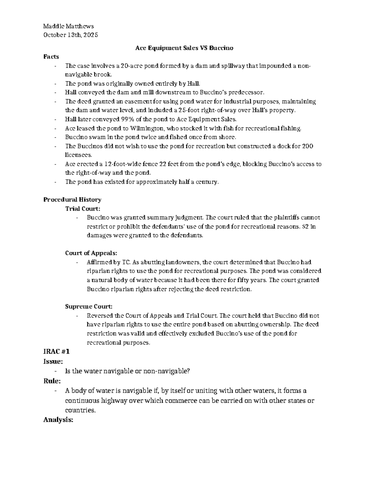 Ace Equipment Sales VS Buccino: Case Study on Riparian Rights - Studocu