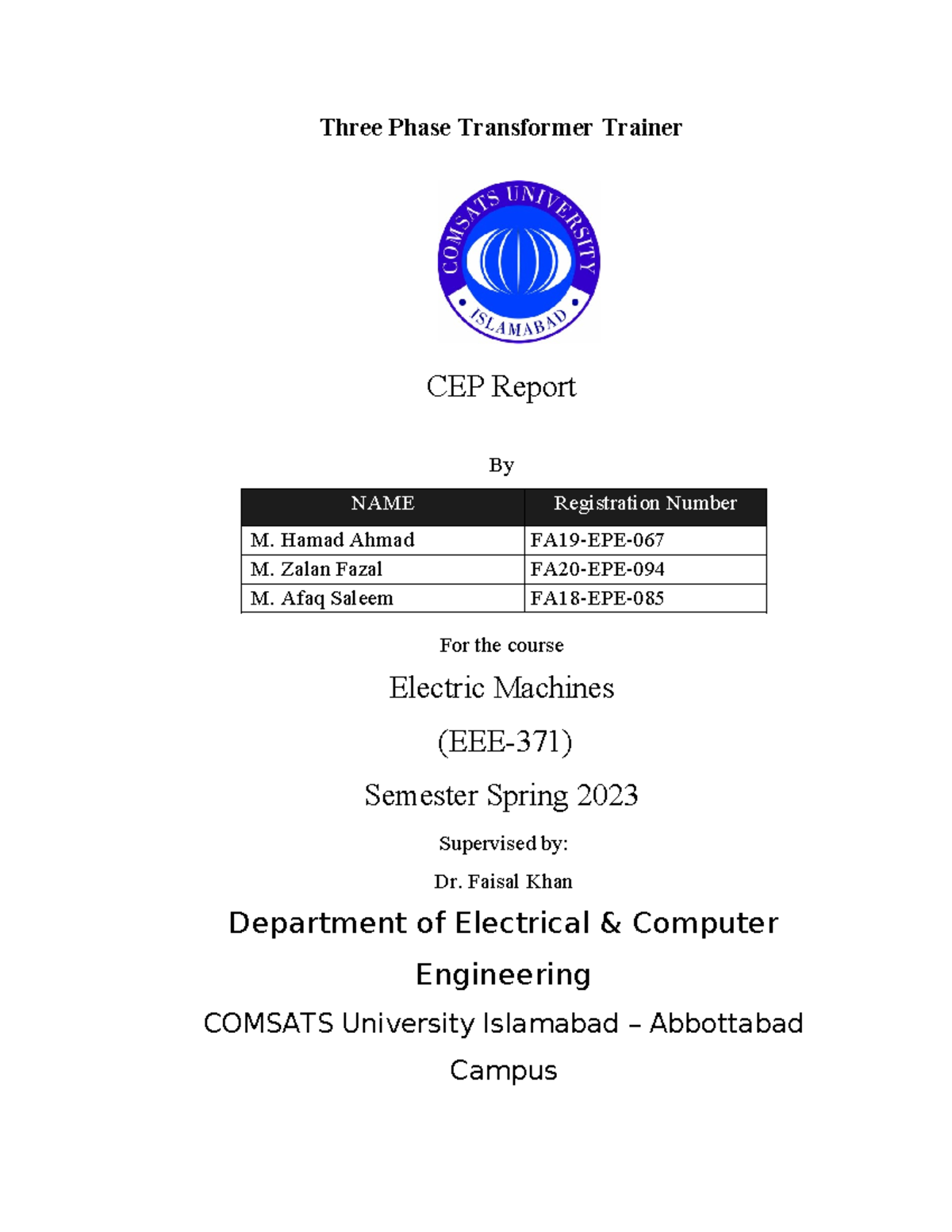 CEP Report on Three Phase Transformer Trainer for EEE-371 Spring 2023 ...