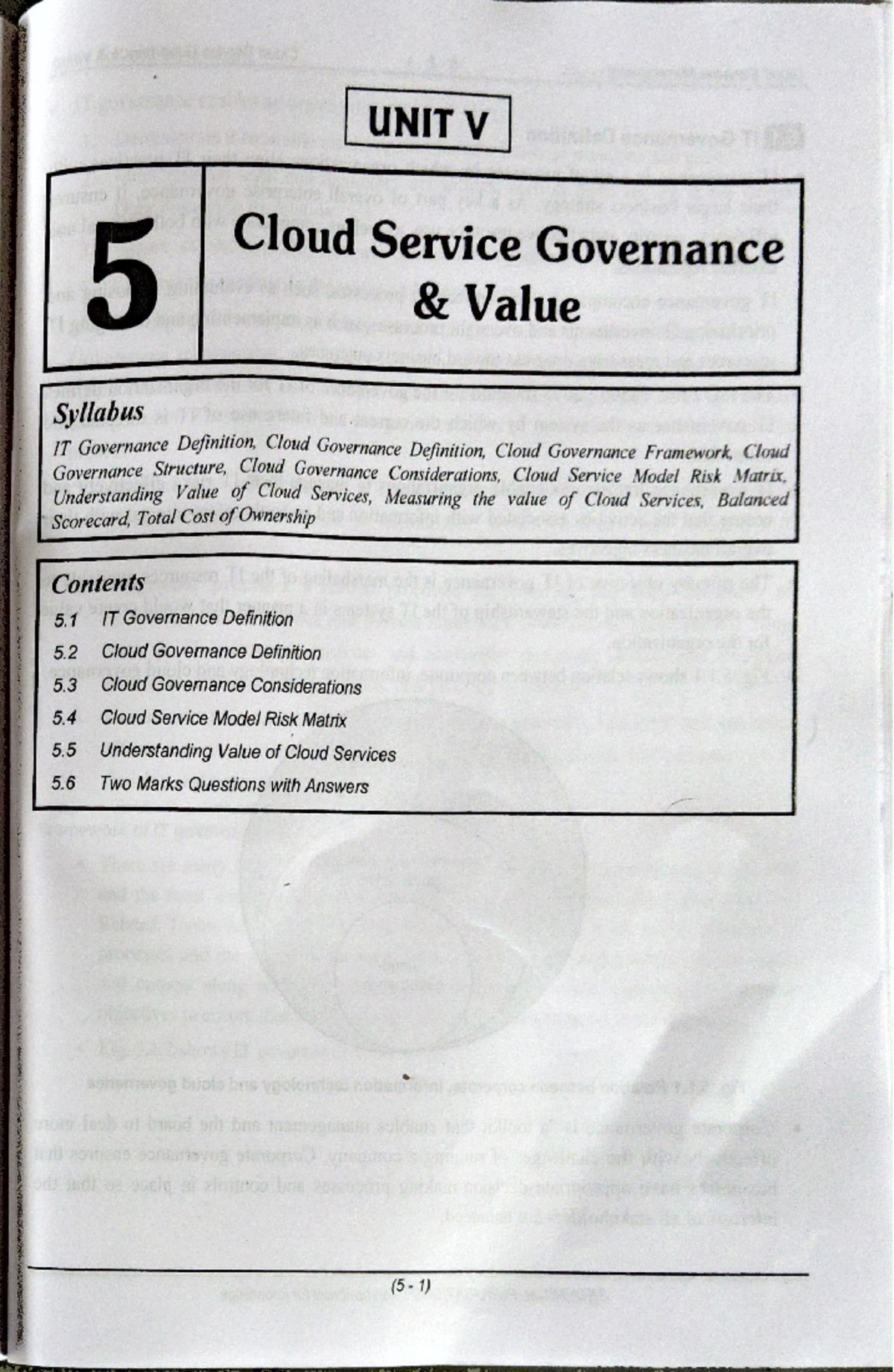 Unit V CSM Notes: Cloud Service Governance, Value, and Risk Management ...