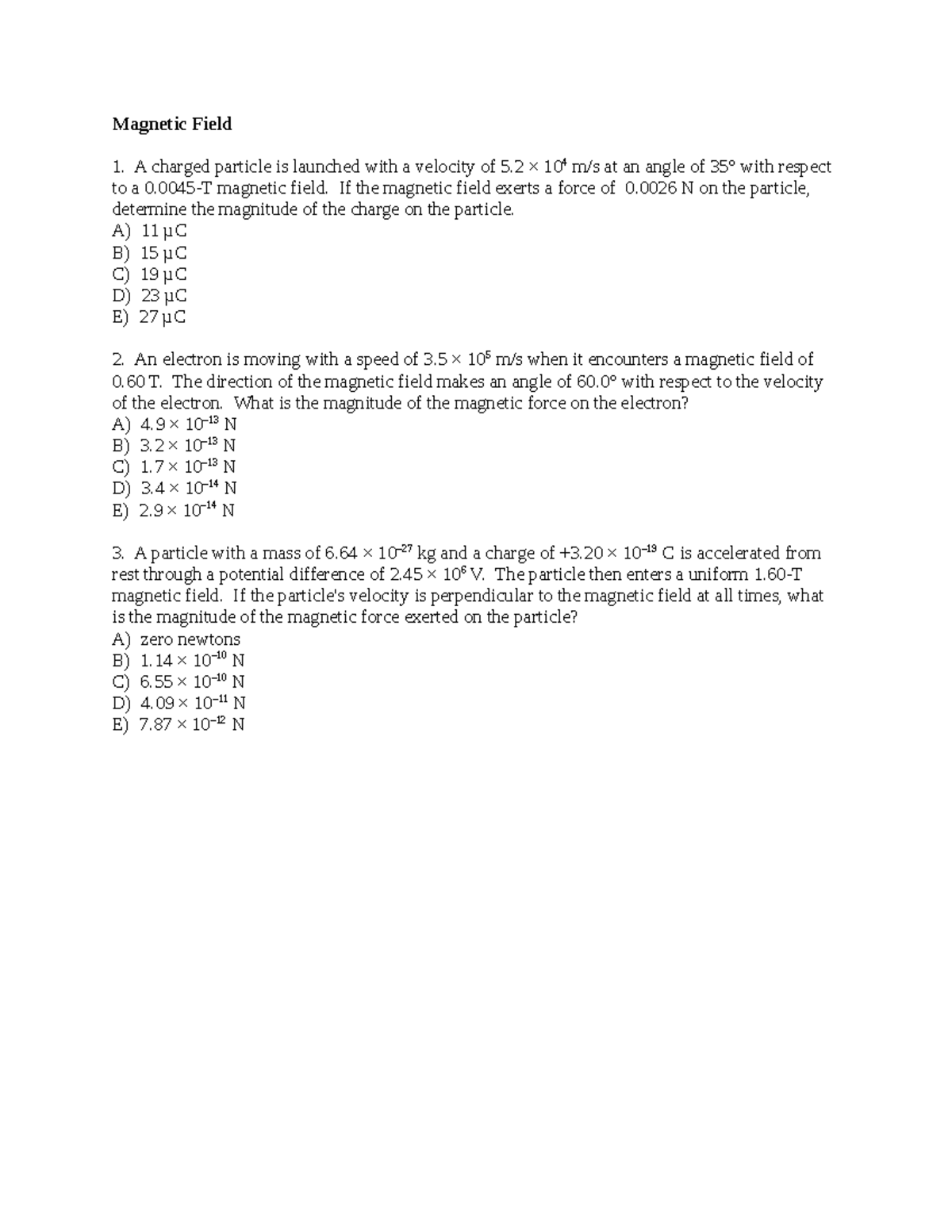 PHYS 20400 Exam 2 practice problems - Magnetic Field A charged particle ...