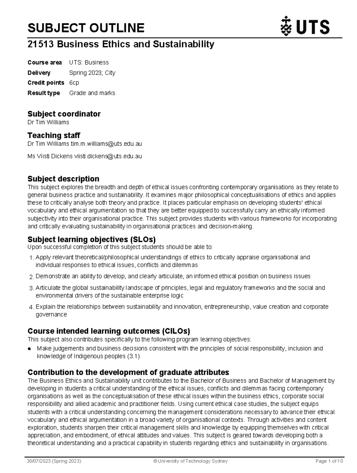 21513 Business Ethics & Sustainability - Subject Outline Spring 2023 ...