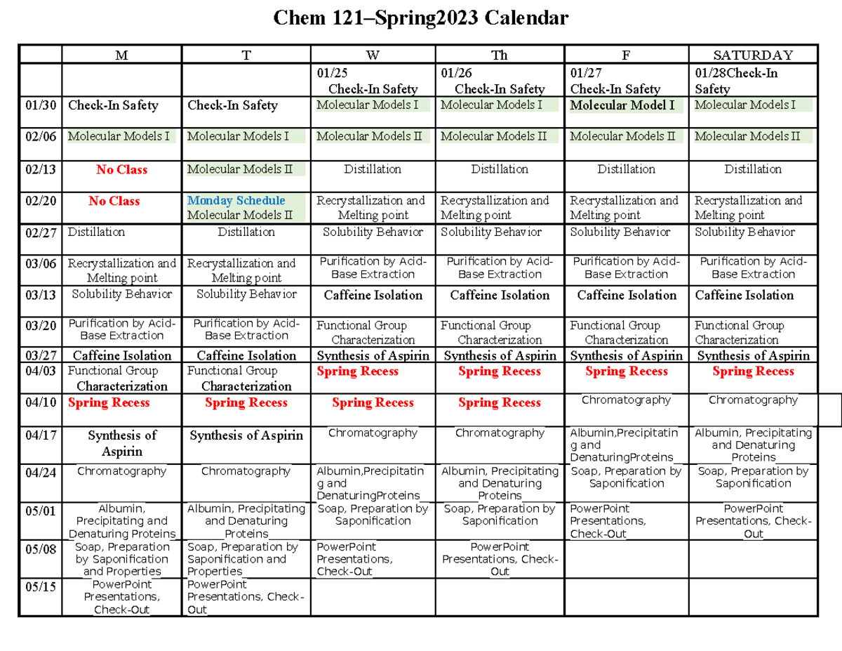 Organic Chem Lab Schedule: Molecular Models & Techniques - Studocu