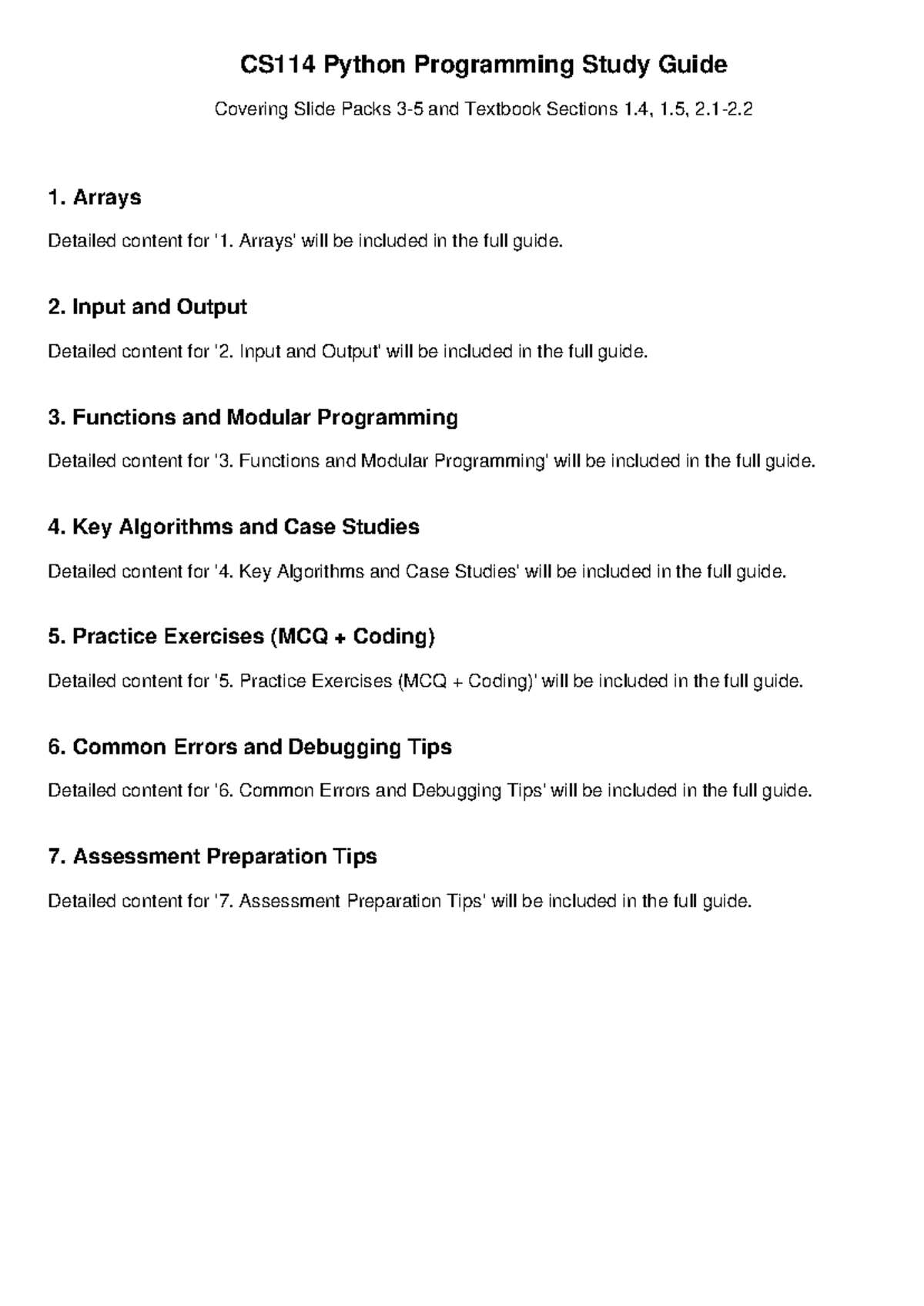 CS114 Study Guide Short Structure - CS114 Python Programming Study ...