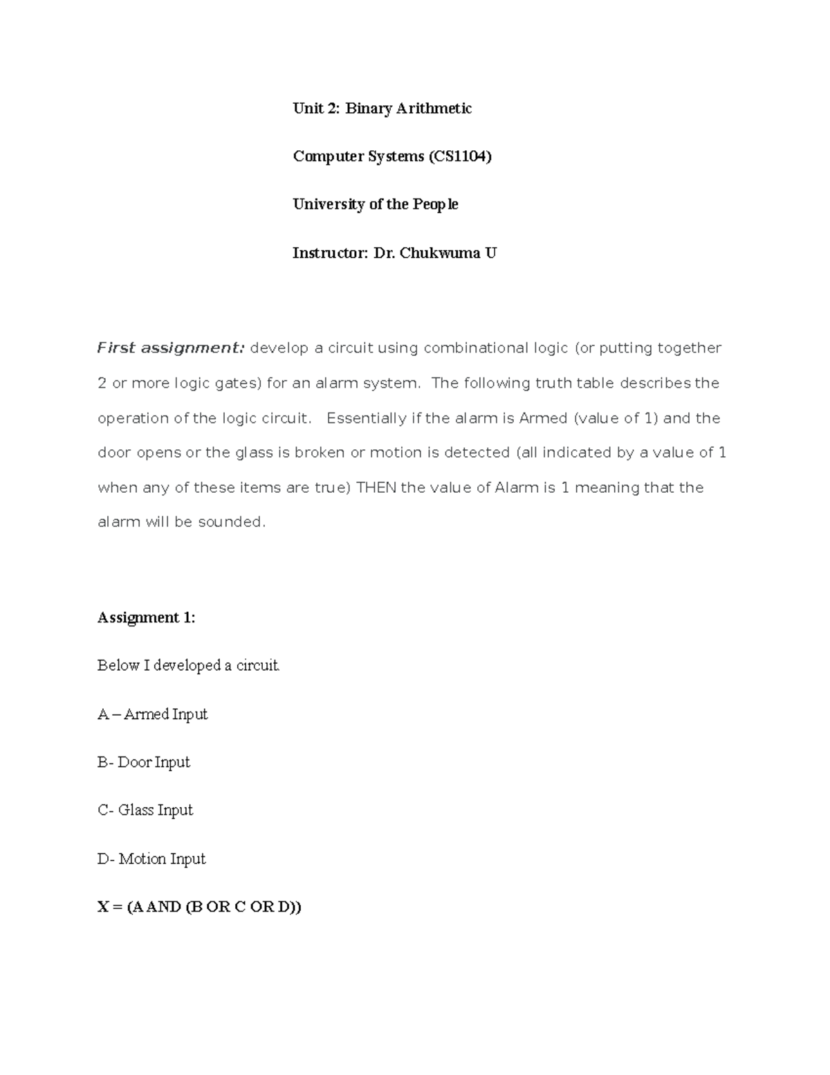 Assignment CS - Unit 2: Binary Arithmetic Computer Systems (CS1104 ...
