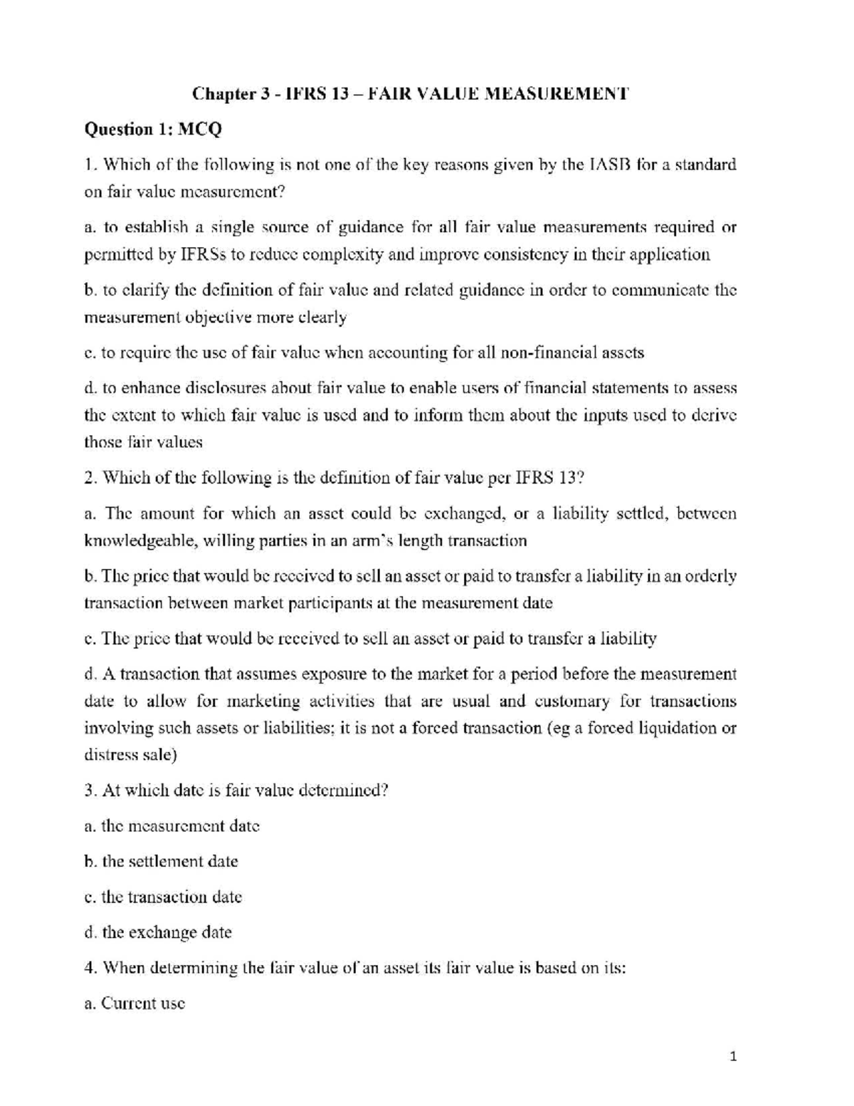 C3-FV-Exercise: IFRS 13 Fair Value Measurement MCQs and Answers - Studocu