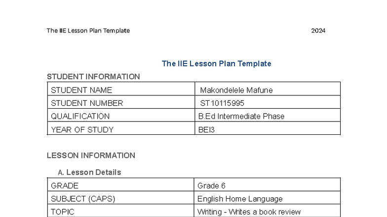 Lesson Plan ENG 3 - The IIE Lesson Plan Template STUDENT INFORMATION ...