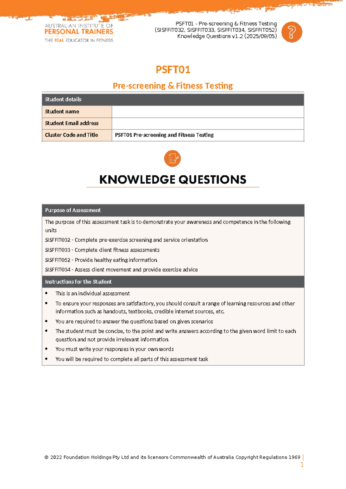 PSFT01 Fitness Testing Knowledge Questions (SISFFIT032, SISFFIT033 ...