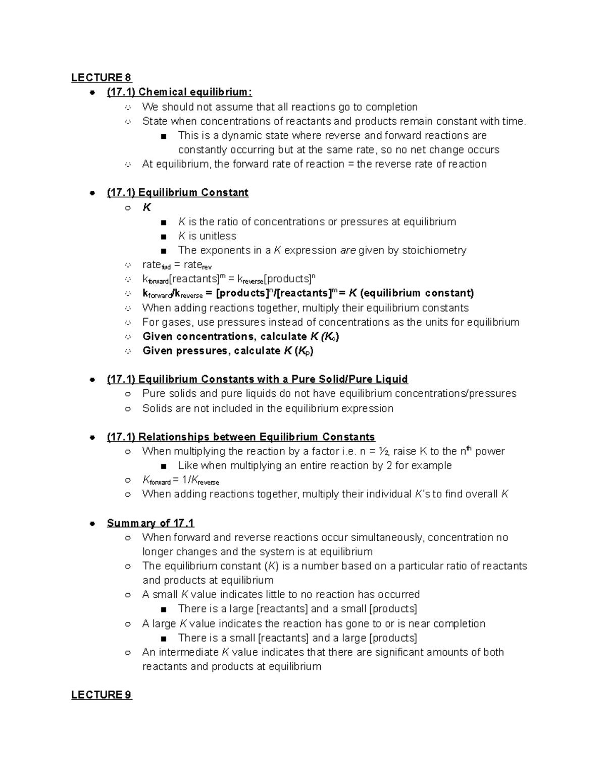Equilibrium Notes and Constants Overview (CHEM 101) - Studocu