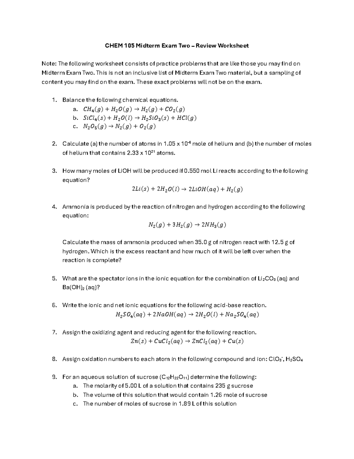 CHEM 105 Midterm Exam Two Review Worksheet - Studocu