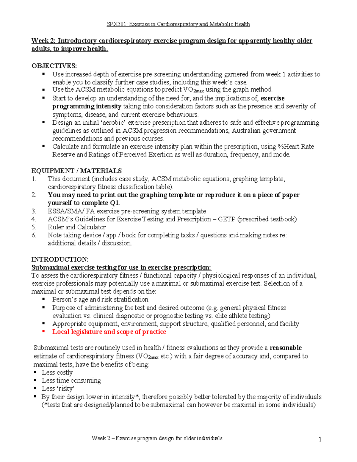 SPX301: Week 2 Exercise Program Design for Healthy Older Adults - Studocu