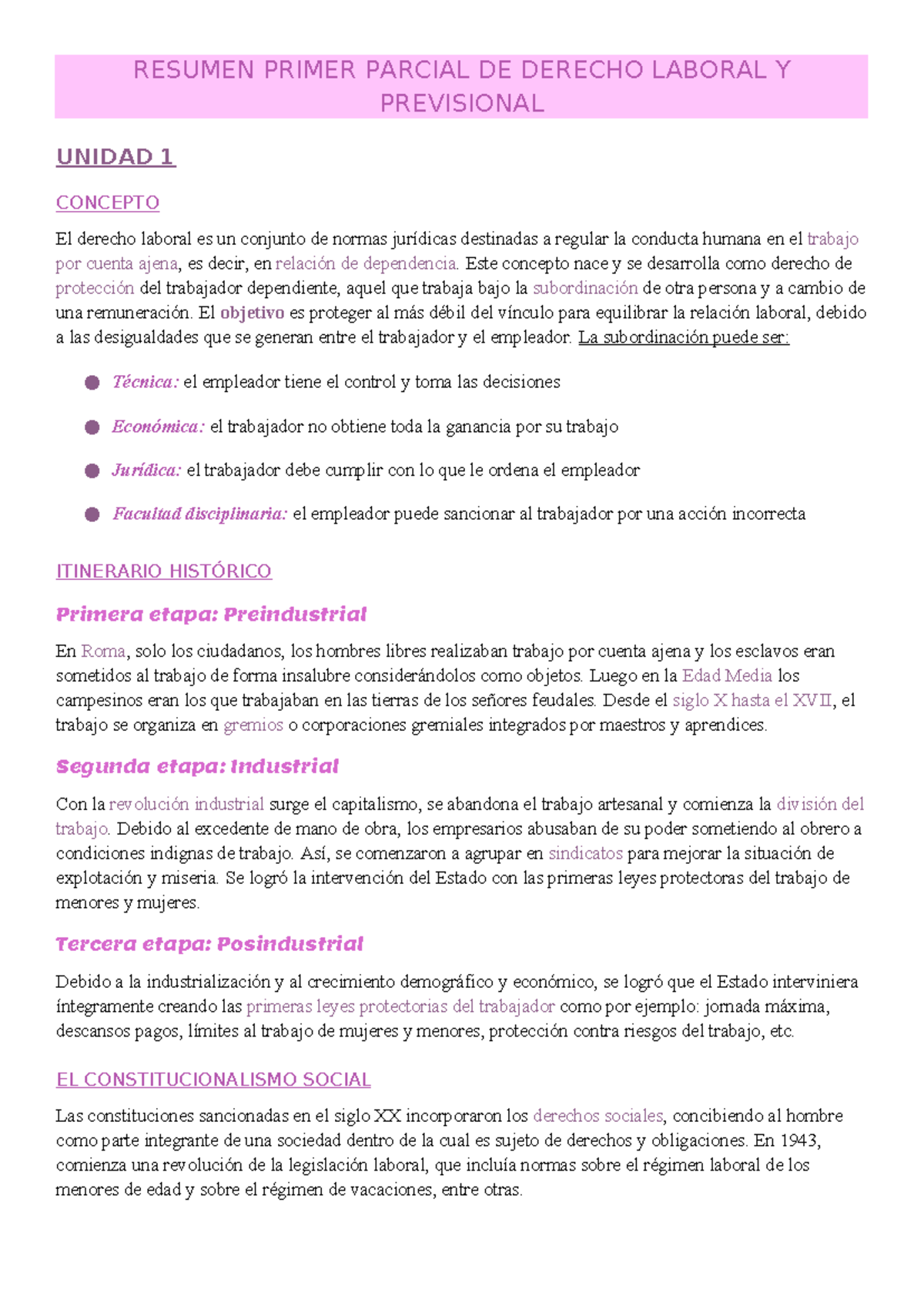 Resumen Primer Parcial de Derecho Laboral y Previsional - Unidad 1 ...