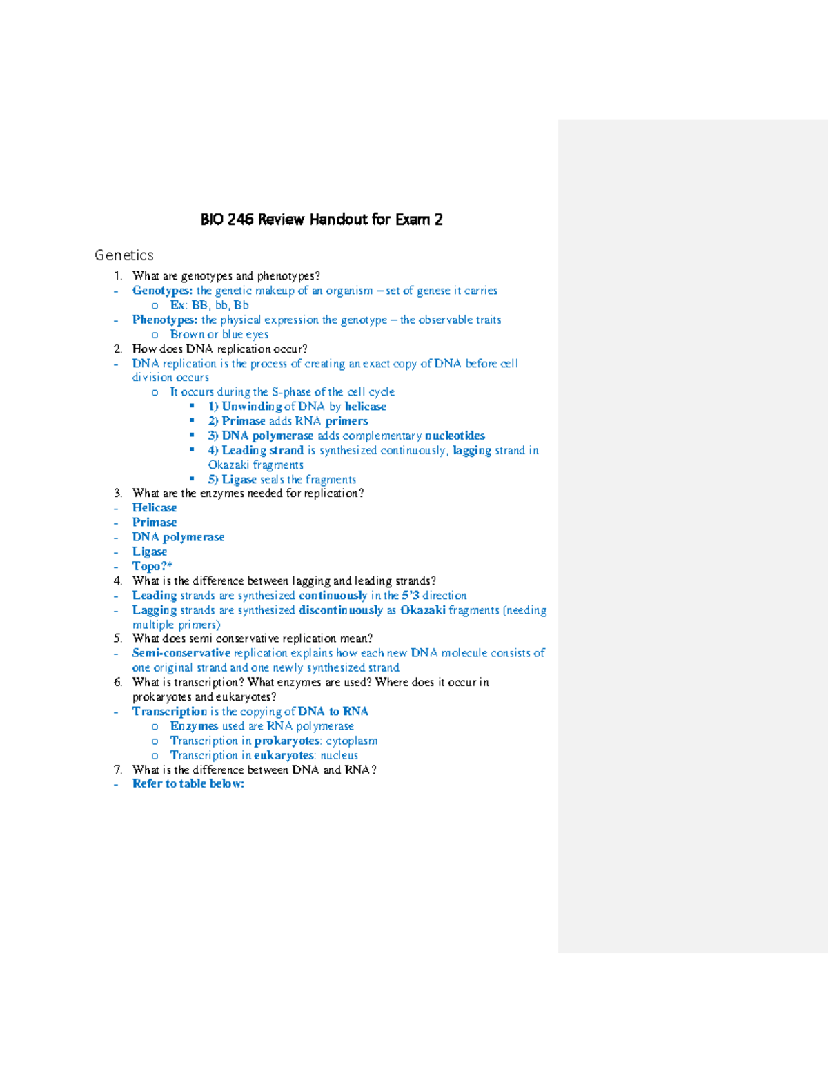BIO 246 Exam 2 Review Notes on Genetics and Microbiology Concepts - BIO ...