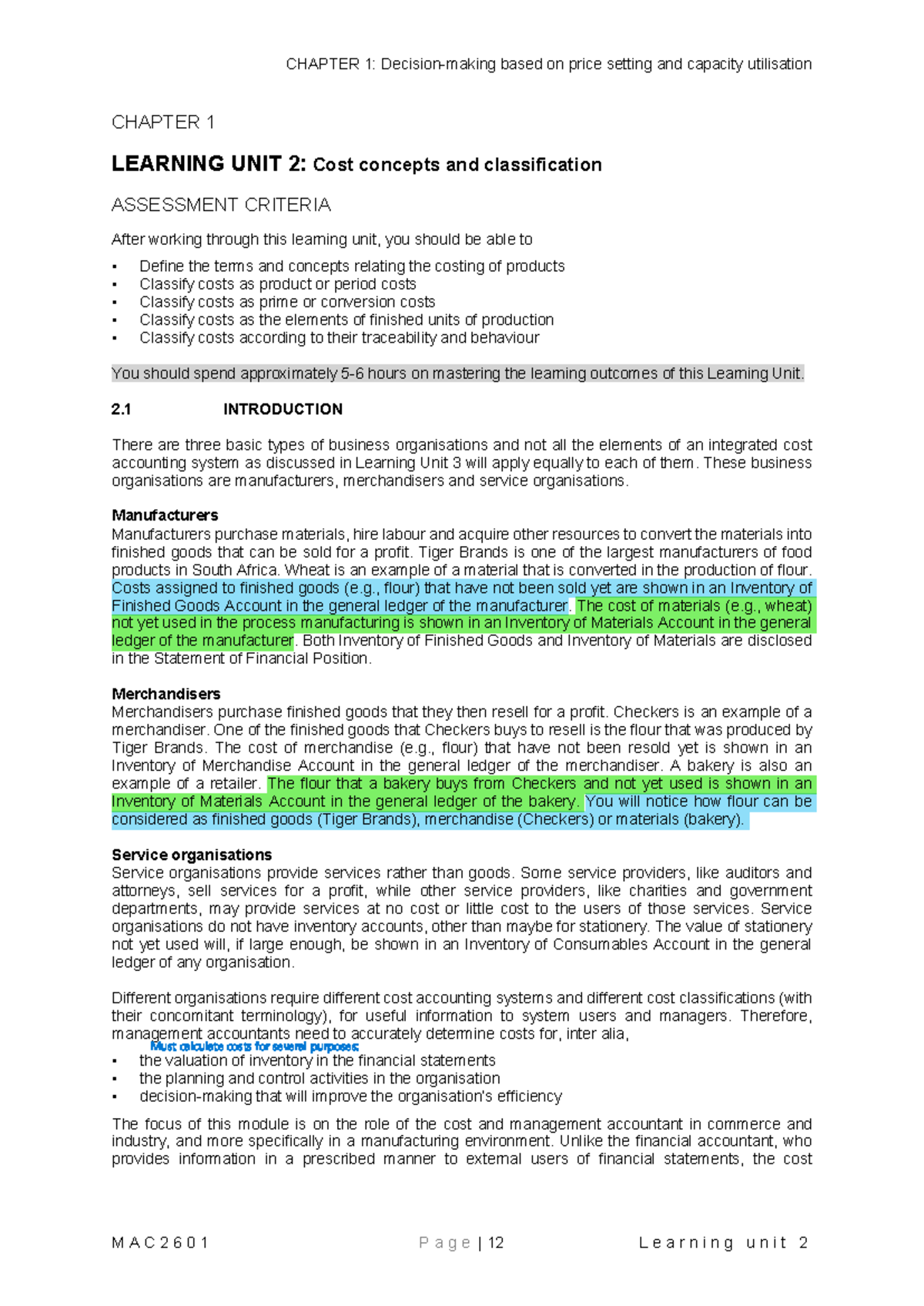 MAC2601 CHAPTER 1: Cost Concepts and Classification in Manufacturing ...
